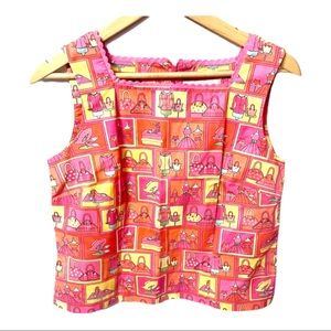 Sharron Young vintage fun multi print window shopping print w/ sequins #23B